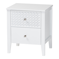 Baxton Studio Lara Nightstand - 2-Drawer Bedside Table with Laser-Cut Geometric Overlay for Bedroom or Guest Room, White